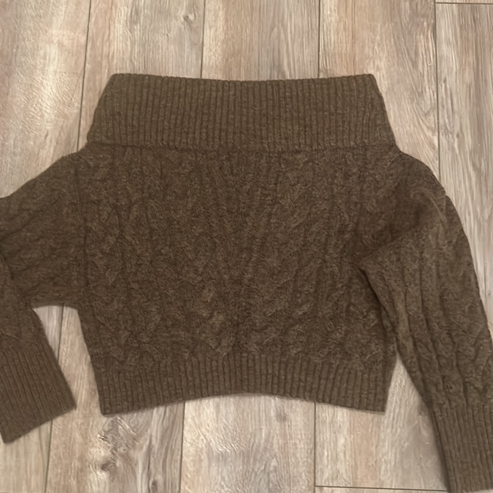 Express Espresso Cropped Off Shoulder Cable Sweater